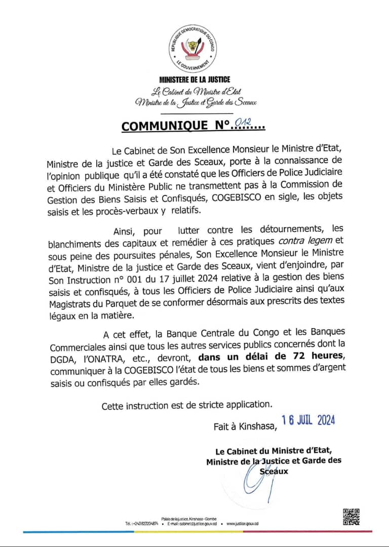 RDC/ Communiqué du Ministère de la Justice : Mesures Strictes pour la Gestion des Biens Saisis et&nbsp;Confisqués