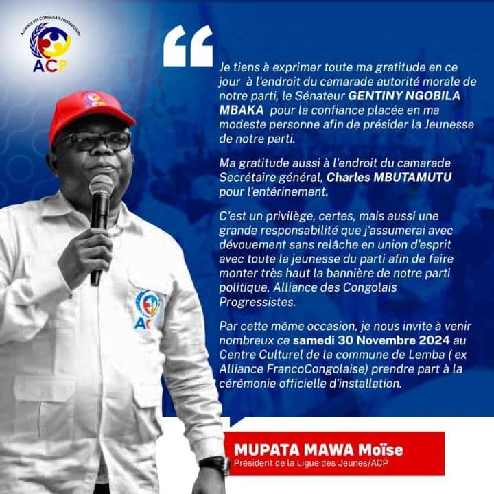 RDC/ Moïse Mupata, Nouveau Président de la Ligue des Jeunes de l&rsquo;ACP, Exprime sa Gratitude à la Hiérarchie du Parti pour sa&nbsp;Nomination