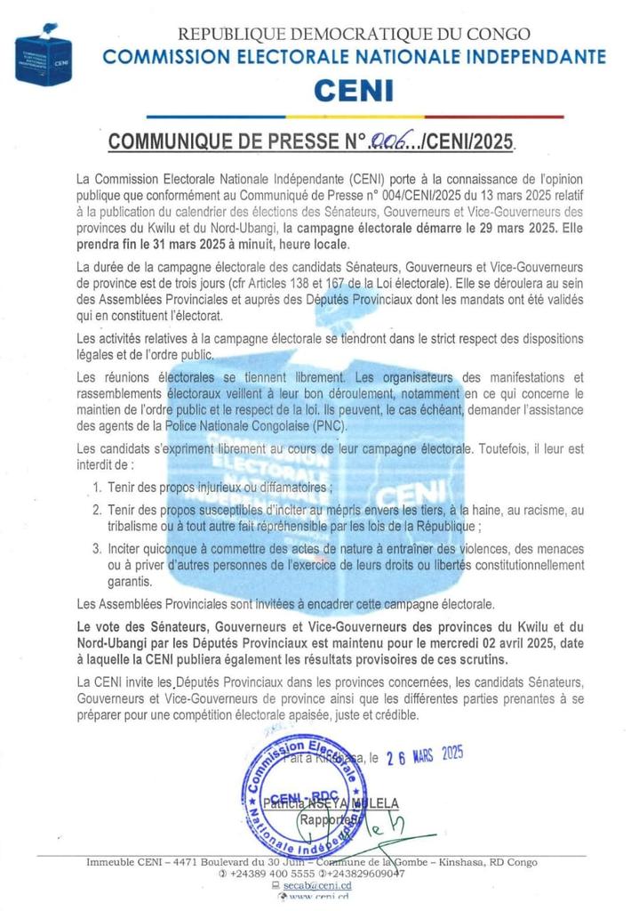 RDC/La CENI annonce Lancement de la campagne électorale pour les Sénateurs, Gouverneurs et Vice-Gouverneurs du Kwilu et du&nbsp;Nord-Ubangi