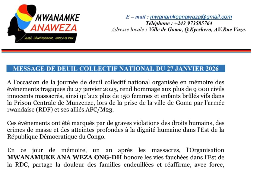 RDC—Nord-Kivu : Mwanamke Anaweza rend hommage aux victimes des massacres du 27 janvier et appelle à la mémoire collective